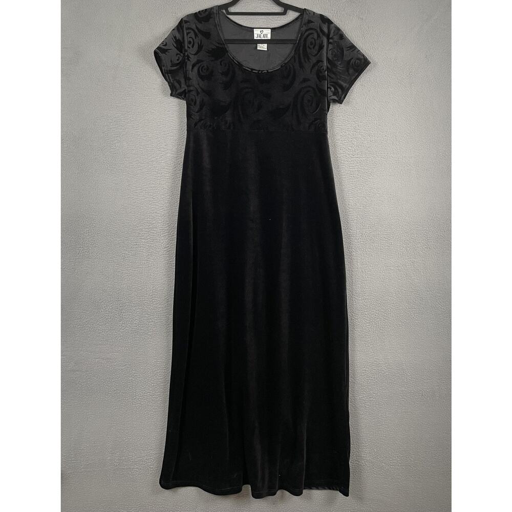 JALATE Dress Womens M Black Velvet A-Line Maxi Scoop Neck Short Sleeve Vintage